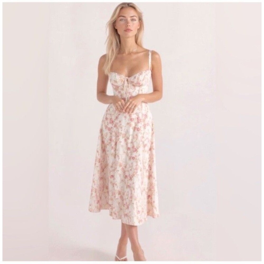 Sim Sam Babydoll Dress Pink Floral Milkmaid Coquette Linen Fairy Cottagecore L
